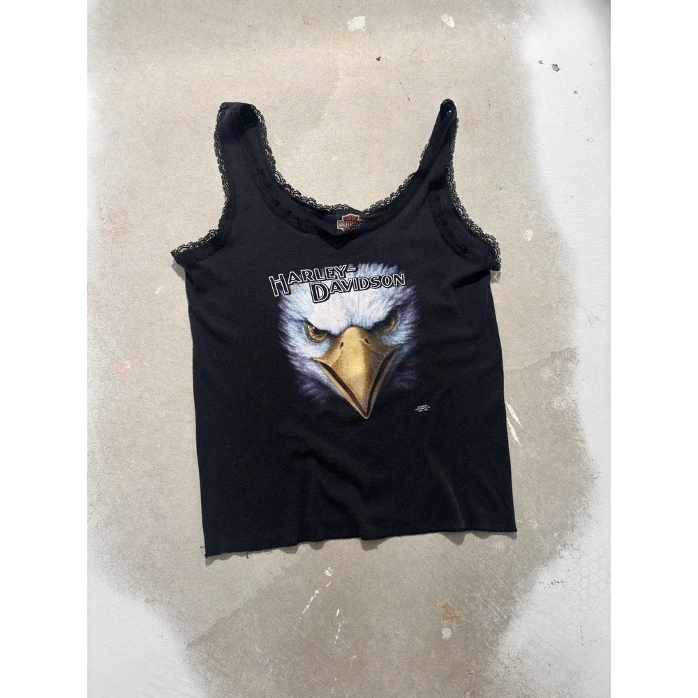 vintage 90s women's harley davidson 3D emblem black lace top large - Picture 1 of 7